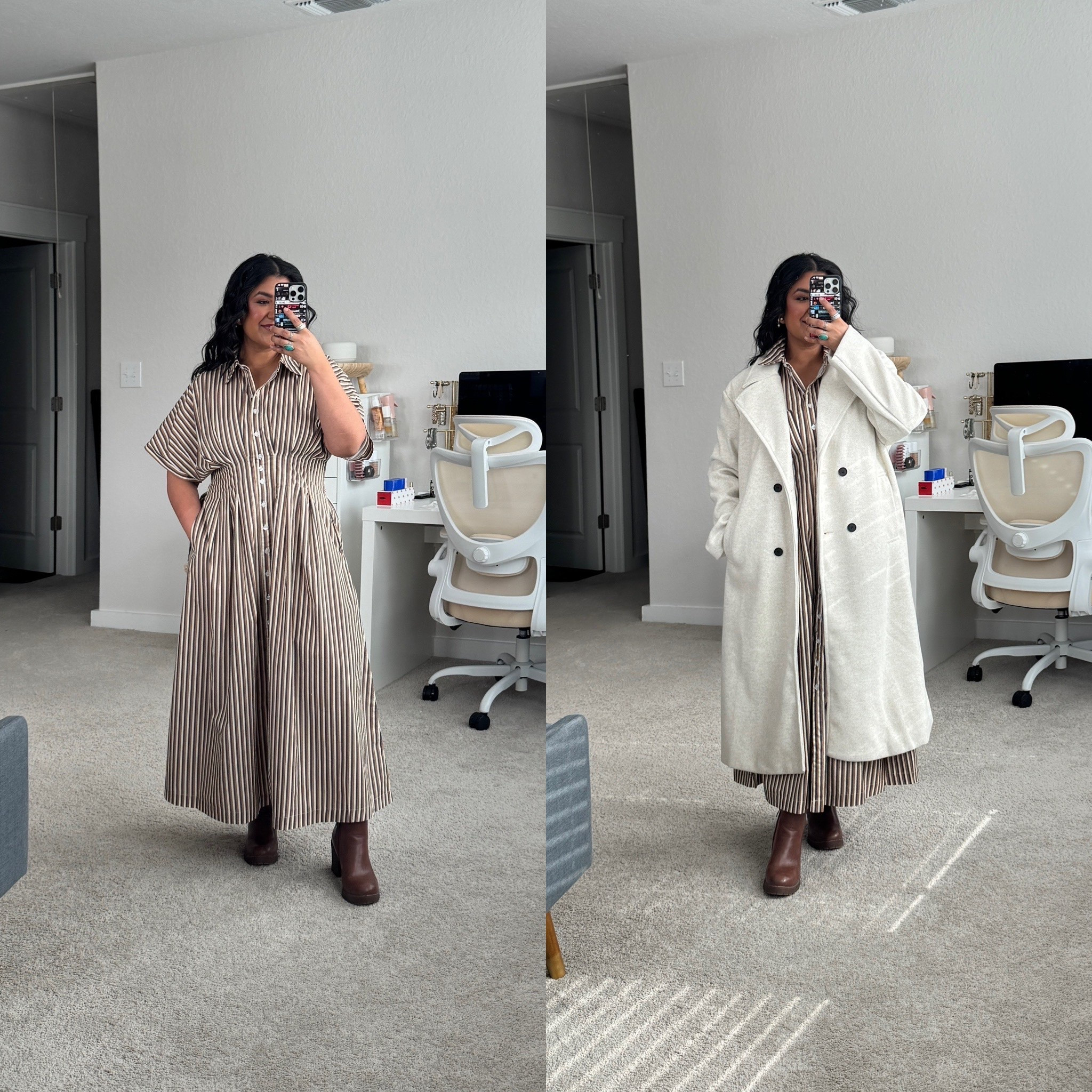I’m 5’1”, size 12 // dress is SO comfortable and has a beautiful shape! Size down, I’m wearing a M // Coat is thick and warm, size down, I’m wearing a M // boots are true to size 

#LTKMidsize #LTKPetite #LTKFindsUnder50