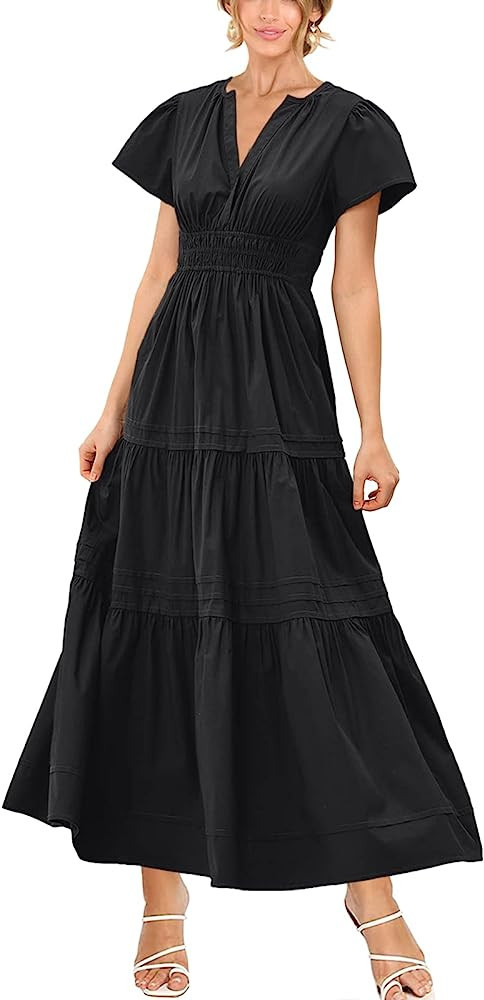 Doshoop Women's Summer V Neck Maxi Dress Casual Ruffle Short Sleeve Tiered Flowy Boho Beach Long ... | Amazon (US)