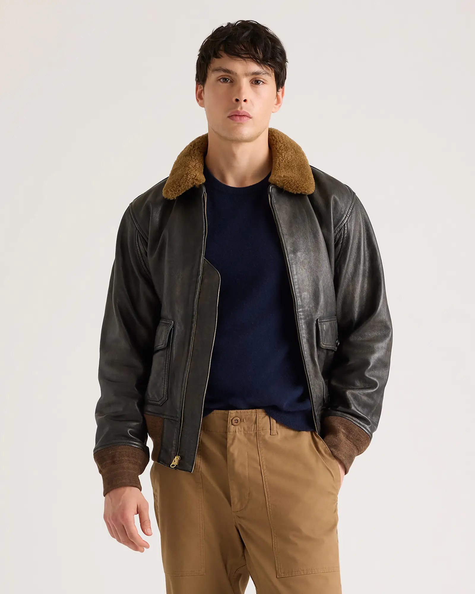 Shearling Collar Leather Flight Jacket | Quince