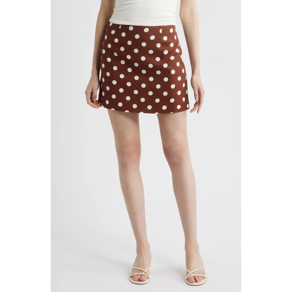 WAYF Elle Polka Dot Linen Blend Miniskirt in Redwood Polka Dot at Nordstrom Rack, Size Small | Nordstrom Rack