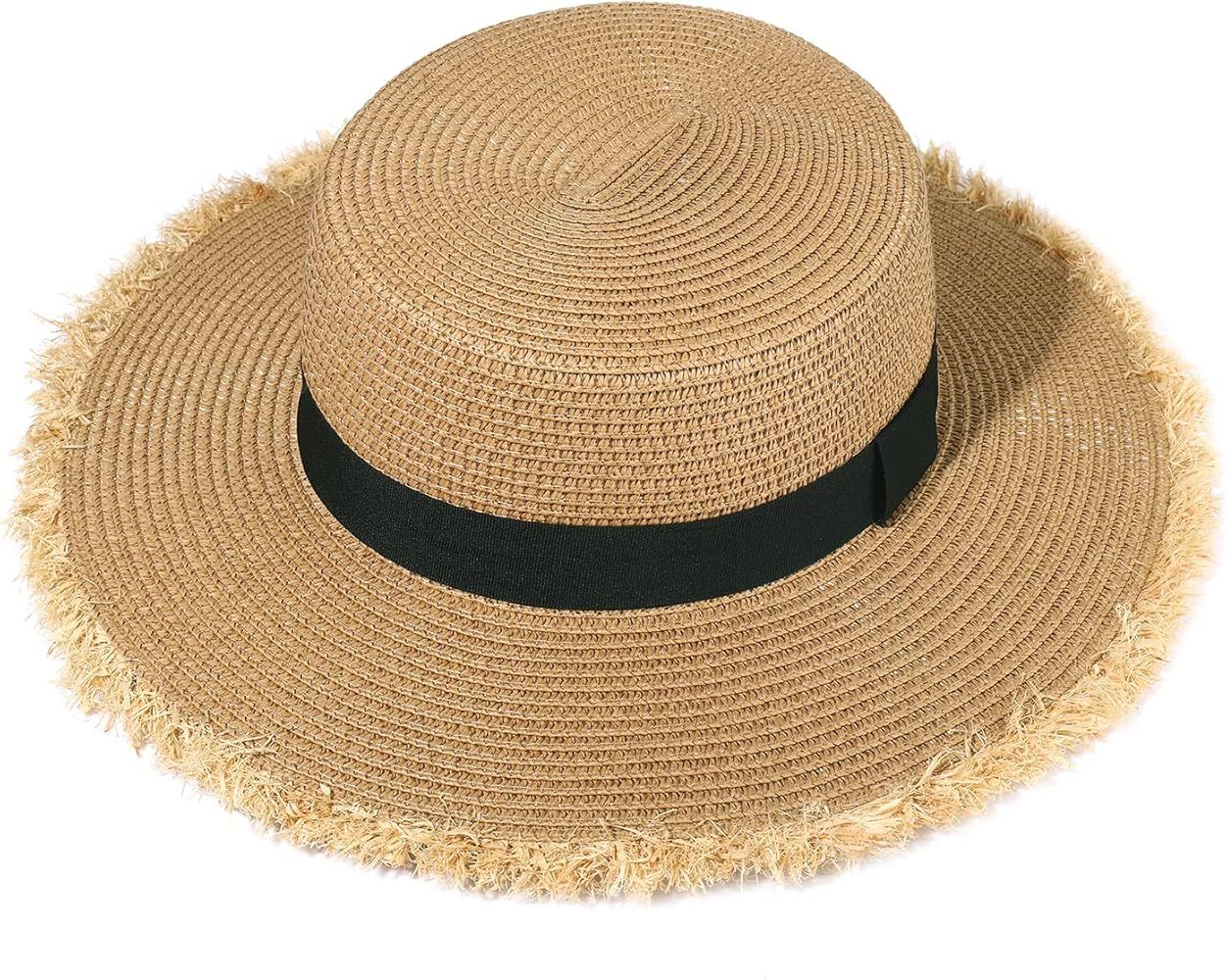 NLCAC Beach Hats for Women Frayed Edge Wide Brim Straw Sun Hat Summer Vacation Beach Accessories ... | Amazon (US)
