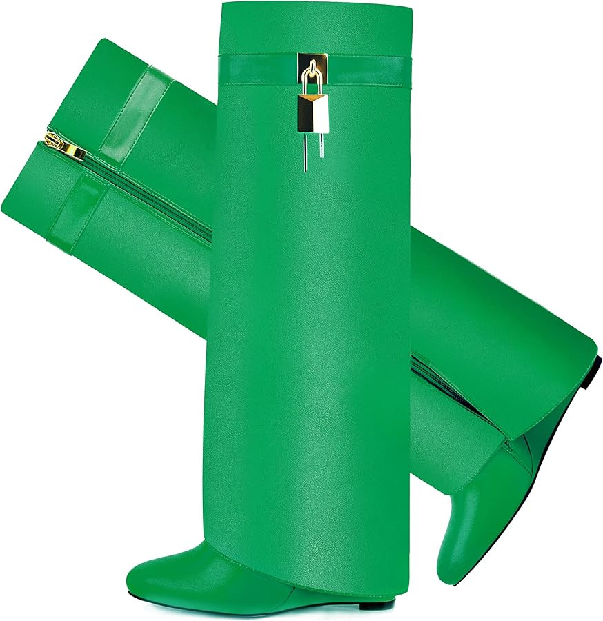 Fold Over Boots for Women Pointy Pull-on Wedge Heel Knee Shark Boot With Side Zipper Padlock Desi... | Amazon (US)