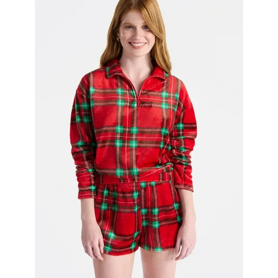 No Boundaries Christmas Quarter Zip Mock Neck Plush Top with Long Sleeves, Women's | Walmart (US)