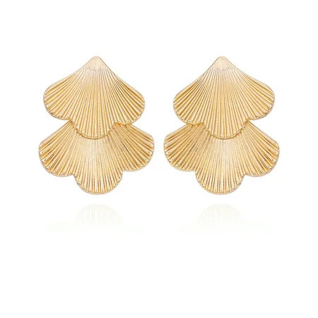 Time and Tru Women's Gold Tone Modern Textured Double Fan Art Deco Style Casting Drop Post Earring | Walmart (US)