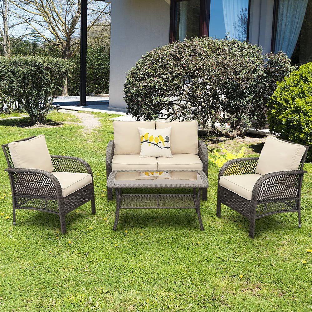 4 Piece Patio Furniture Set All-Weather Wicker Rattan Conversation Set Outdoor Indoor Sofa Seatin... | Walmart (US)