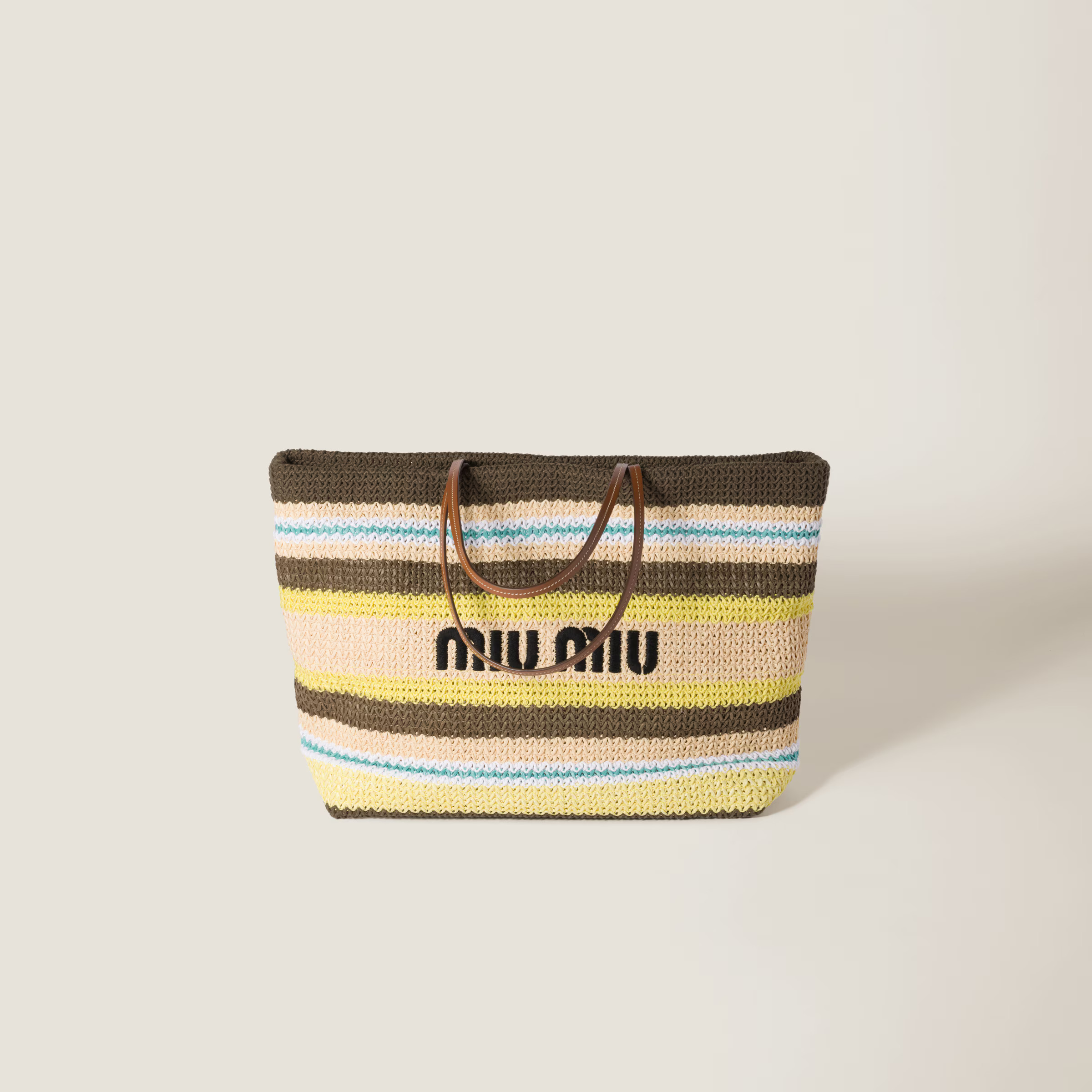 Tundra/lemon Yellow/natural Raffia-effect Woven Tote Bag | Miu Miu | Miu Miu US