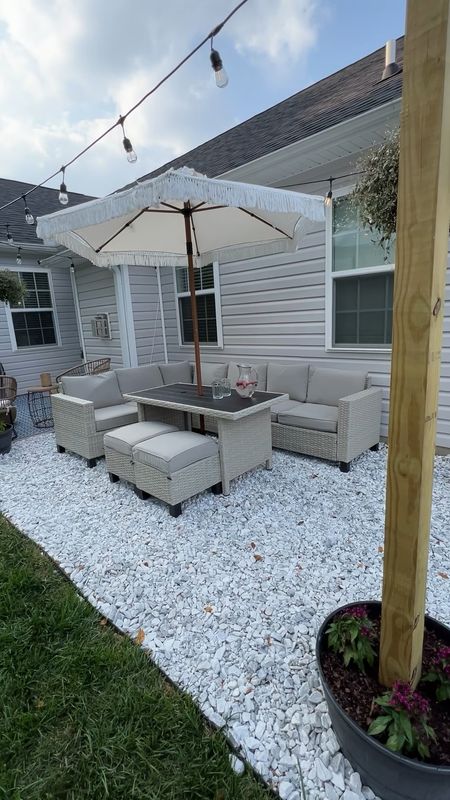 DIY patio what we used! 

We are in love with how this turned out! The outdoor section and dining combo is a game changer for our growing family. 

Umbrella is OOs, but I’m hunting a similar option! 

#LTKSeasonal #LTKhome