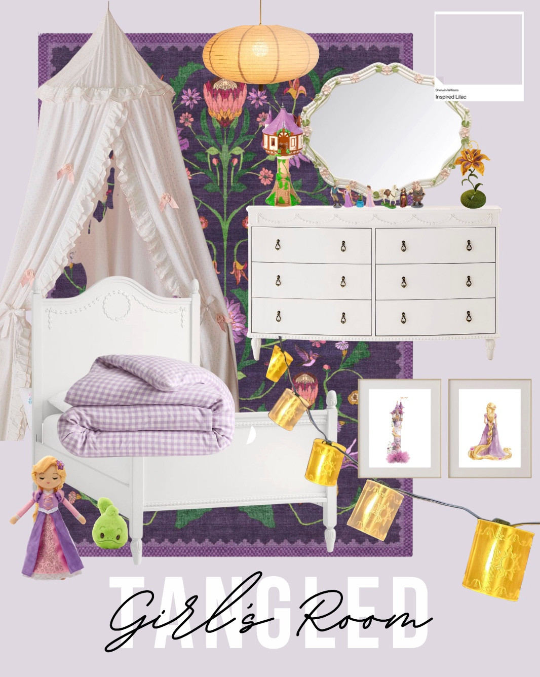A Disney Tangled bedroom for your princess. Rapunzel's purple dress is a main color theme. 

 #LTKHome #LTKFindsUnder100 #LTKKids