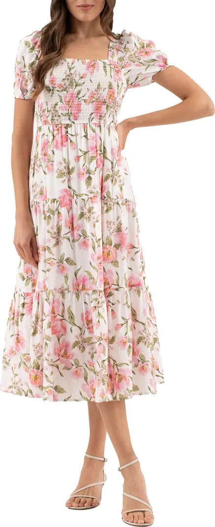 Square Neck Puff Sleeve Smocked Floral Dress | Nordstrom Rack