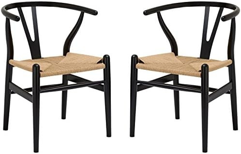 Poly and Bark Weave Modern Wooden Mid-Century Dining Chair, Hemp Seat, Black (Set of 2) | Amazon (US)