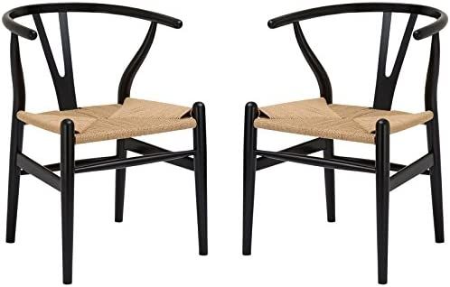 Poly and Bark Weave Modern Wooden Mid-Century Dining Chair, Hemp Seat, Black (Set of 2) | Amazon (US)