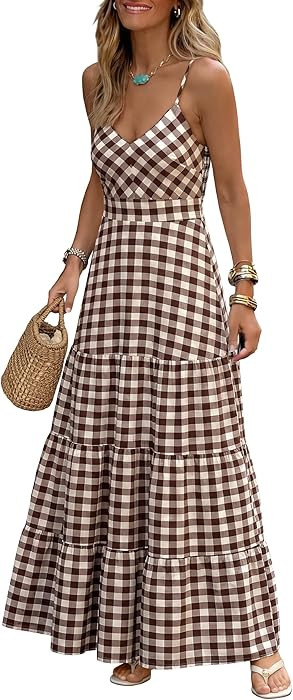 Caracilia Summer Maxi Dresses for Women Spaghetti Strap Back Smocked A Line V Neck Casual Long Dr... | Amazon (US)