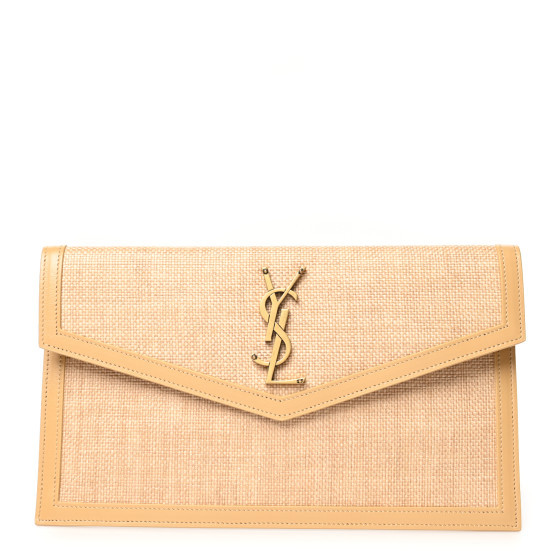 SAINT LAURENT Micro Raffia Uptown Pouch Natural Hay Blush | FASHIONPHILE (US)
