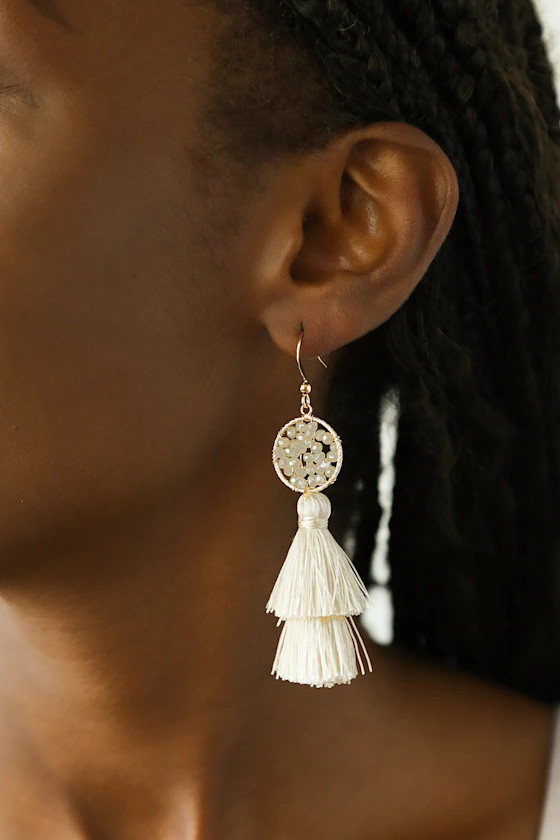 Just Bright White Beaded Tassel Earrings | Lulus (US)