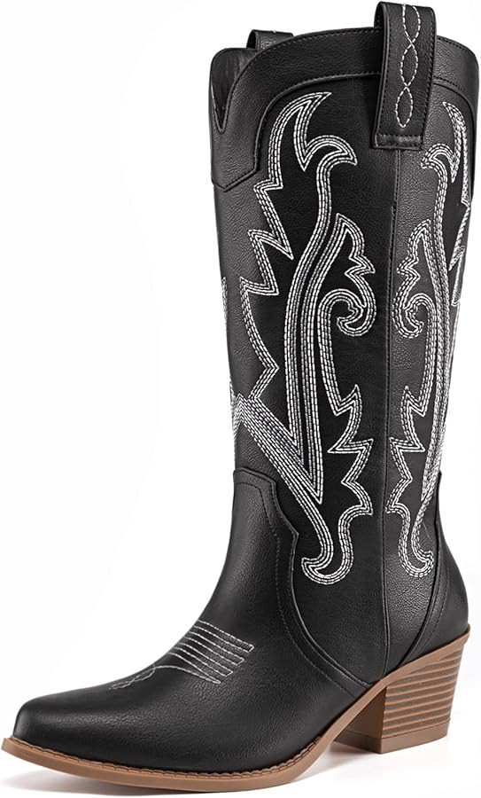 Athlefit Women's Embroidered Western Cowboy Boots Fashion Pointed Toe Chunky Heel Mid Calf Cowgir... | Amazon (US)