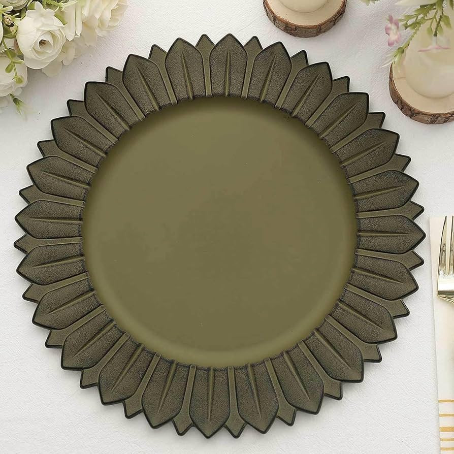Efavormart 6 Pack | 13" Matte Olive Green Sunflower Plastic Dinner Charger Plates, Disposable Rou... | Amazon (US)