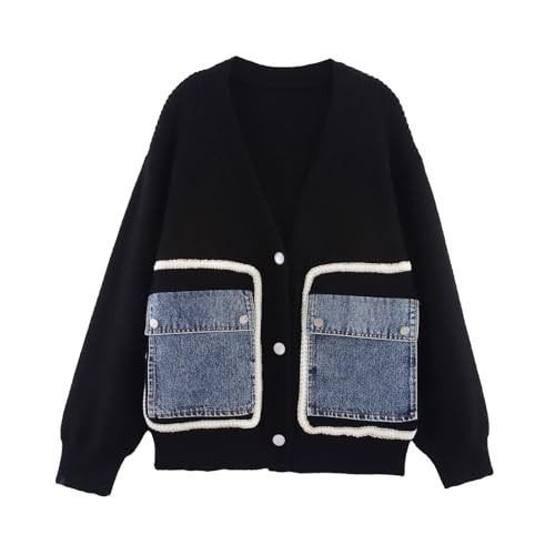HOULENGS Women's Casual Open Front Patchwork Cardigan Sweaters Button Down V Neck Knit Sweater Jacket with Denim Pockets Black Medium | Amazon (US)