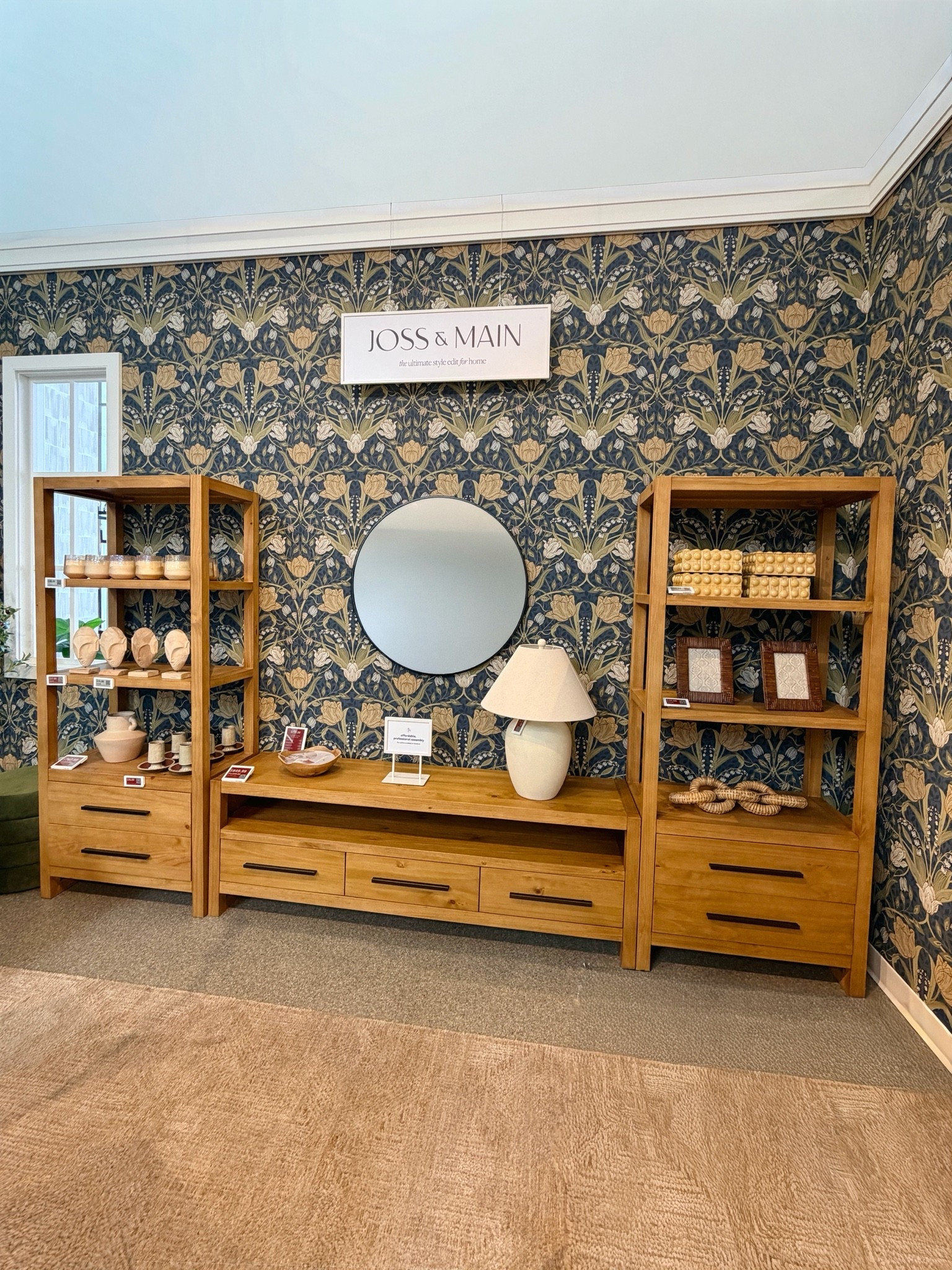 Boho-chic living room inspiration from Joss & Main! 😍 The Modica 127” Pine Entertainment Center pairs a spacious TV stand with matching bookcases for the perfect mix of display and storage, all in a beautiful natural finish. 🤎🌿 I love it styled against the Yael Wallpaper in Navy Blue—the bold floral botanical pattern really pops against the warm wood and gives the entire setup so much character. 🌼 Even better, it’s currently on sale! I’ve linked the whole look and similar styles in my LTK! 🫶🏻 @Wayfair #jossandmain #livingroominspo #livingroomfurniture

#LTKHome #LTKSaleAlert