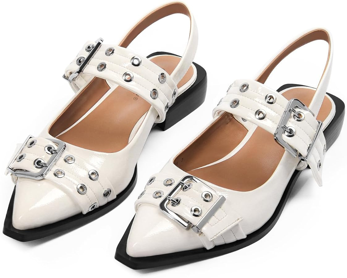 Women's Buckle Ballet Flats Wide Welt Slingback Flats Pointed Toe Chunky Low Heel Comfortable Bal... | Amazon (US)