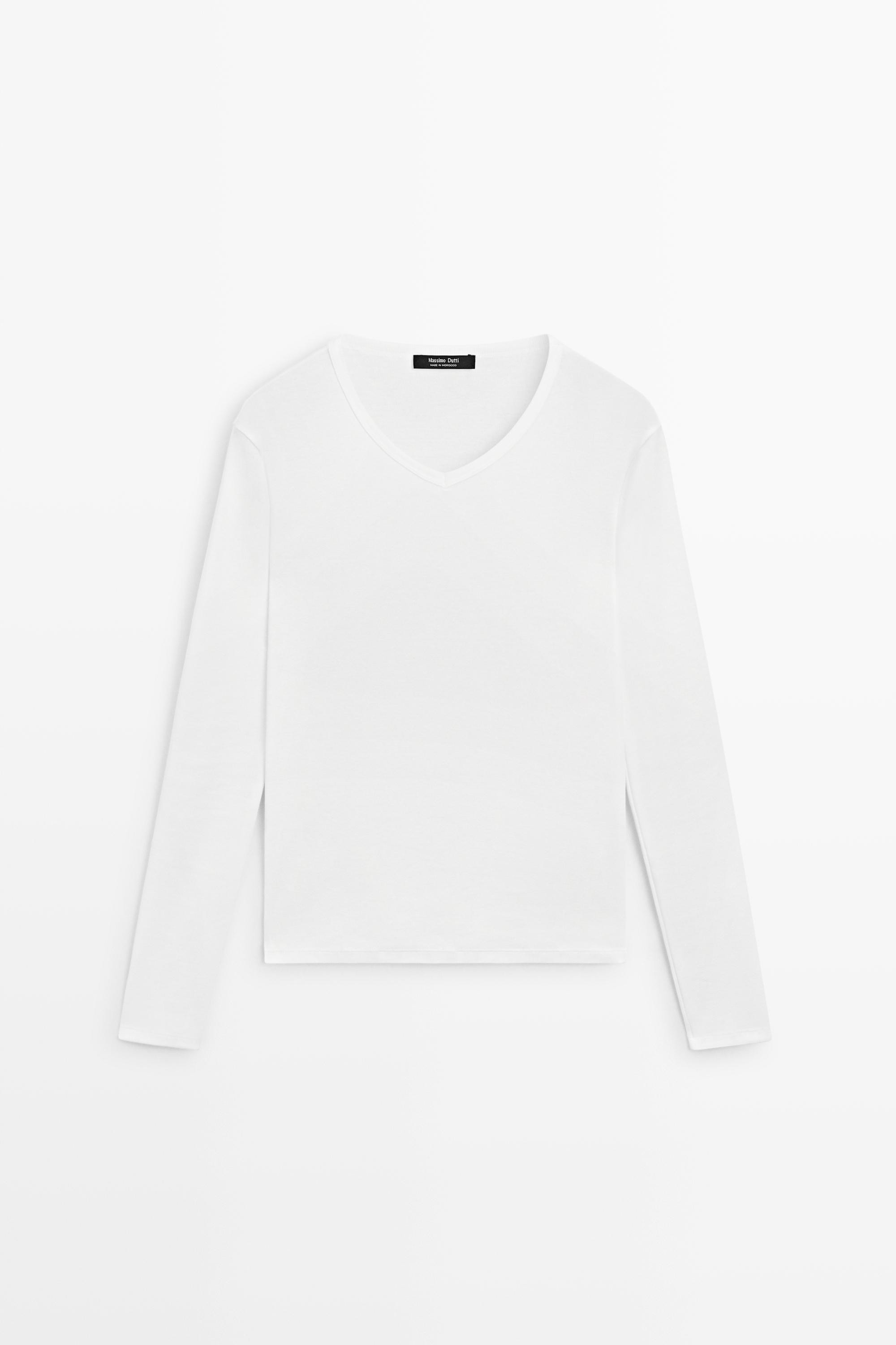 T-shirt col V manches longues 100% coton | Massimo Dutti FR