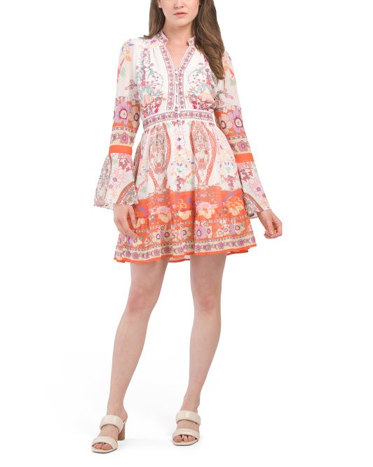 Bell Sleeve Floral Border Print Mini Dress | TJ Maxx