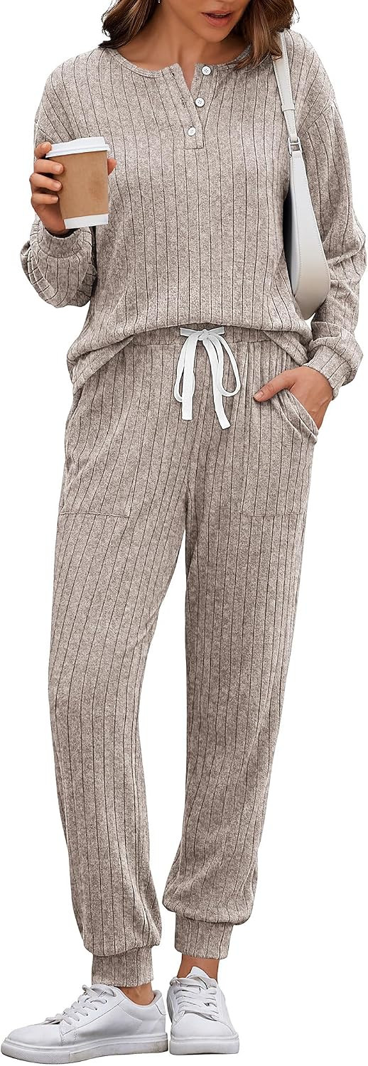Ekouaer Womens Knit 2 Piece Lounge Sets Long Sleeve Top and Pants Outfits | Amazon (US)