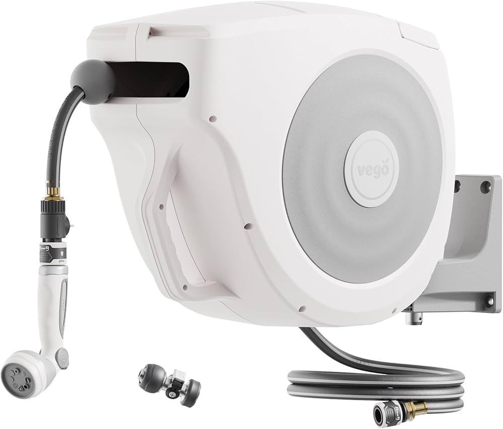 Garden Hose Reel Retractable 1/2" x 130ft Wall Mounted Hose Reel Automatic Rewind, Any Length Lock with 9 Patterns Sprayer Nozzle, Quick Connector and Adjustable shot Nozzle- Cloud White | Amazon (US)