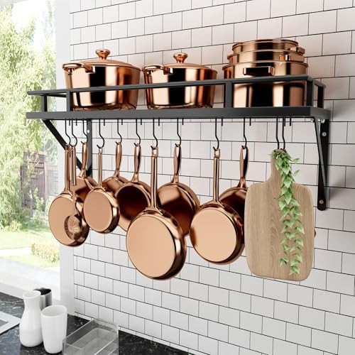 KES 30-Inch Kitchen Pan Pot Rack Wall Mounted Hanging Storage Organizer Wall Shelf with Hooks Matte Black, KUR215S75A-BK | Amazon (US)