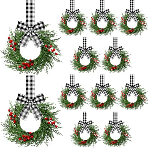 Knitgrip 12 Pcs 9'' Small Christmas Kitchen Cabinet Wreaths with Plaid Bow Ribbon Mini Hanging Christmas Wreath Artificial Greenery Wreath for Front Door Porch Wall Window(Black White Buffalo Plaid) | Amazon (US)