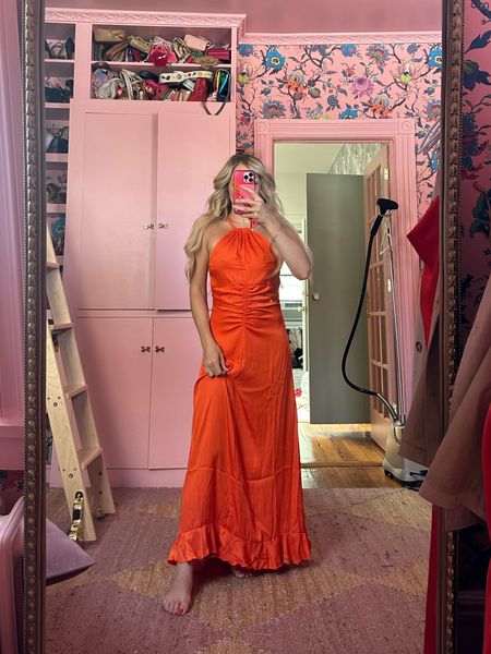 Walmart Fashion Try-on | Scoop Ruched Halter Dress in Red Orange | Wearing size XS

#LTKfindsunder50 #LTKstyletip #LTKSeasonal
