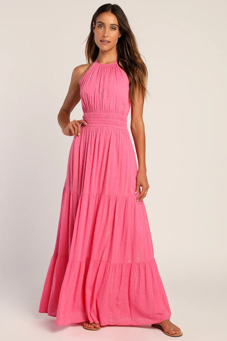 Divine Display Pink Swiss Dot Lurex Tiered Halter Maxi Dress | Lulus (US)