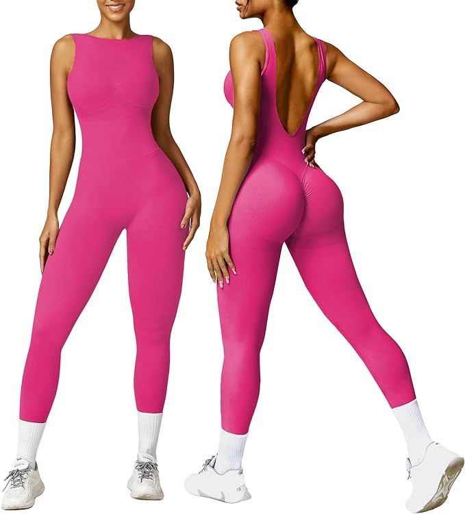 OEAK Womens Scrunch Butt Jumpsuits 2024 Crew Neck Seamless Romper V Back Gym Booty Leggings Bodyc... | Amazon (US)