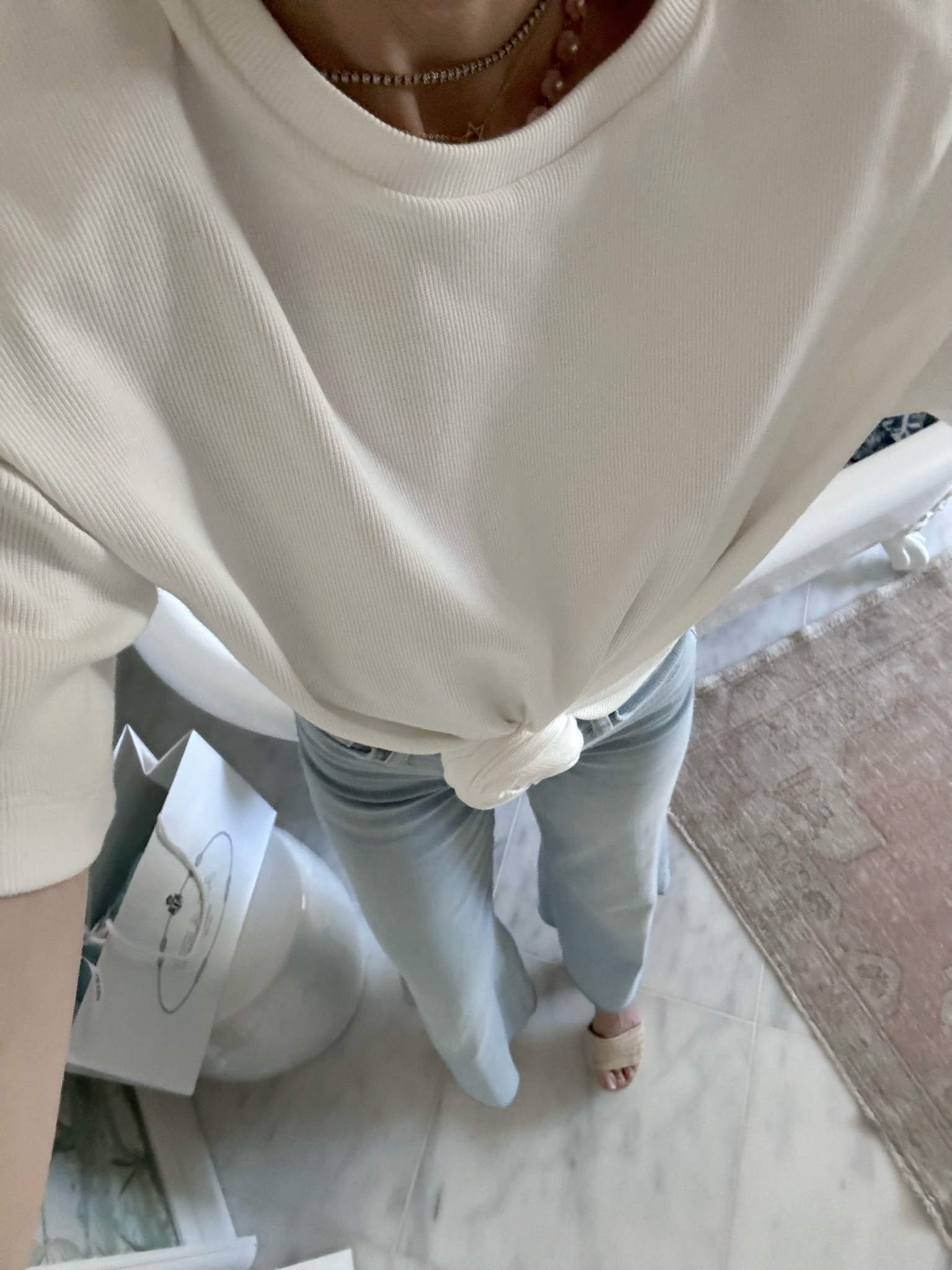 Easy everyday outfit! My favorite Magda Butrym T-shirt, Frame Jeans, and Larroude Heels!
