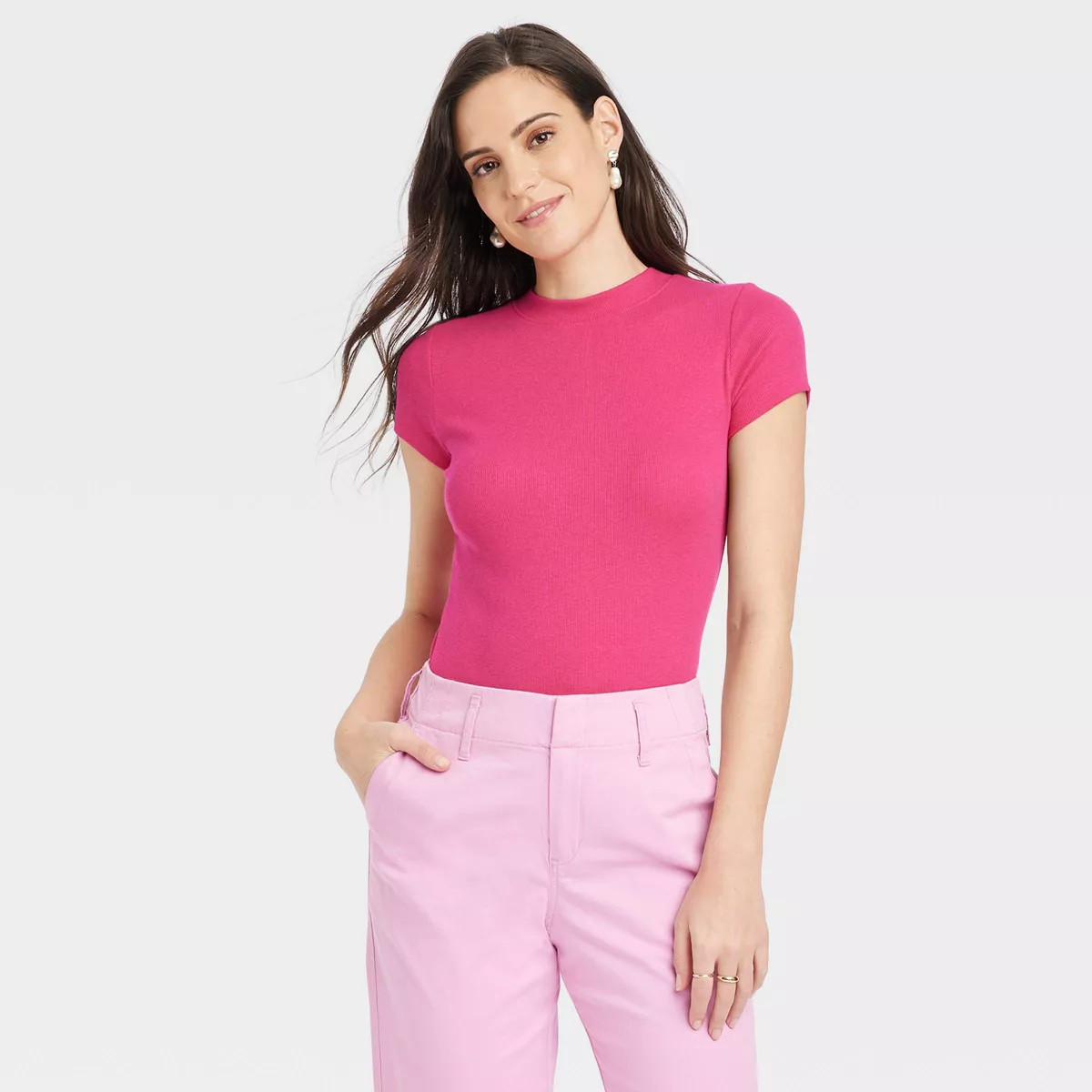 Women's Slim Fit Short Sleeve Ribbed T-Shirt - A New Day™ Dark Pink S | Target