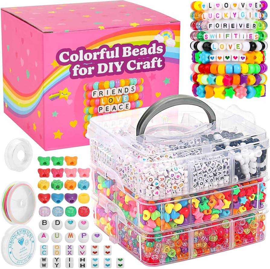 shynek 3800 Pony Beads: Bulk for Bracelets, Hair Braids & Craft - Colorful Plastic, Kandi, Star &... | Amazon (US)