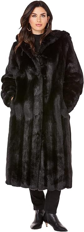 Roaman's Women's Plus Size Full Length Faux-Fur Coat With Hood | Amazon (US)