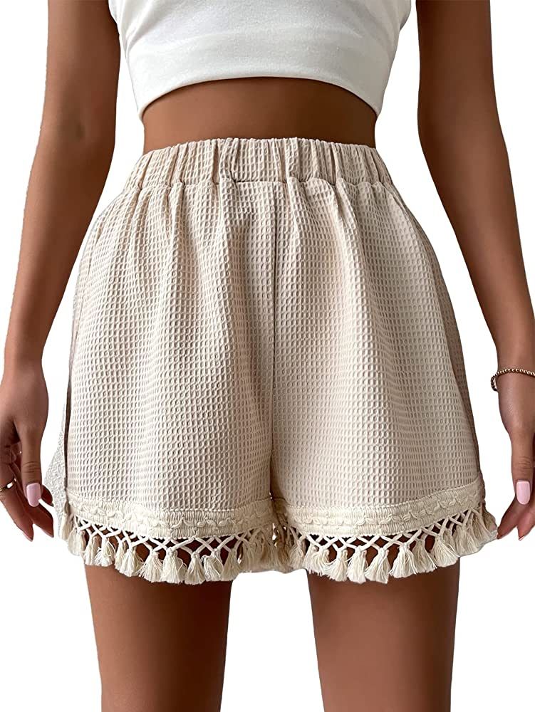 MakeMeChic Women's Casual Elastic High Waisted Tassel Wide Leg Summer Beach Shorts | Amazon (US)