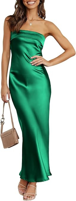 ANRABESS Women Summer Wedding Guest Maxi Dress Strapless Satin Tube Bodycon Backless Cocktail For... | Amazon (US)