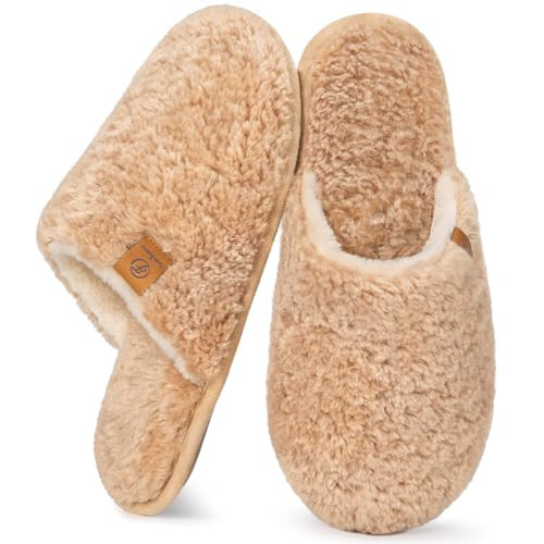 EverFoams Women's Fuzzy Slip-on Slippers Warm Cozy Soft Lightweight Memory Foam Indoor House Shoes Sand, 7-8 US | Amazon (US)
