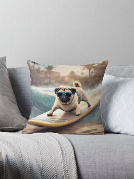 A Pug Surfing  Pillow | Redbubble (US)