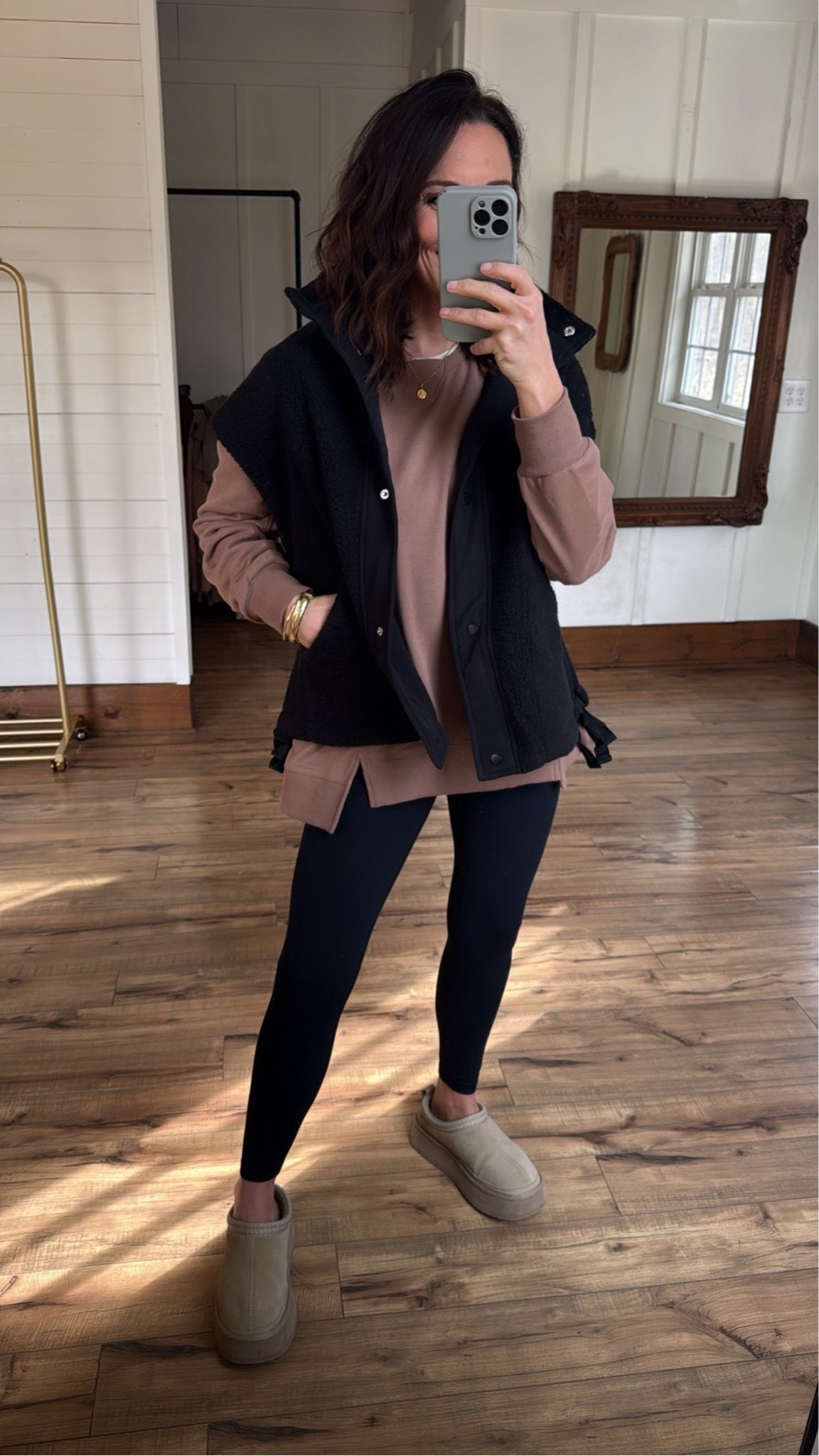 Casual Outfit Inspo for Winter! Perfect for errands, lounging, or school drop off! Casual outfit inspo legging outfit vests brown top slippers mom outfits platform slippers easy outfits petite fashion  VintagePickin 

#LTKgrwm #LTKActive #LTKmomlife