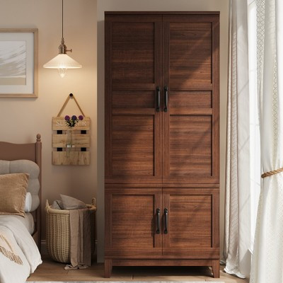 Armoire Wardrobe Closet with 4 Doors,72" Wooden Wardrobe Cabinet with Hanging Rod, Tall Armoire with 18 Adjustable Shelves for Bedroom, Walnut | Target