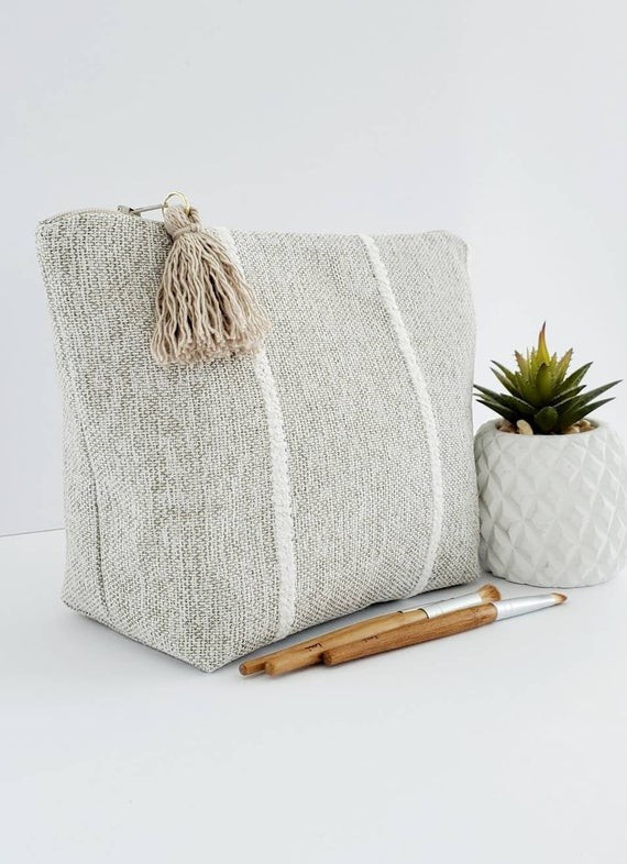 Greige makeup bag with tassel, striped cosmetic bag, tassel pouch, greige zipper pouch, toiletry ... | Etsy (CAD)