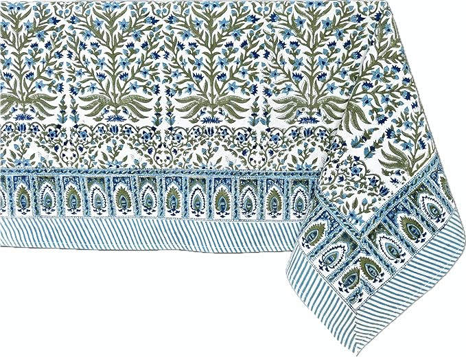 ATOSII Nargis Blue 100% Cotton Rectangle Summer Tablecloth, Indian Block Print Floral Table Cloth... | Amazon (US)