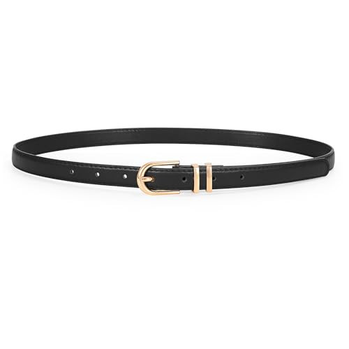 JASGOOD Womens Thin Leather Belt Skinny Faux Leather Belt for Jeans Dress with Double Bright Gold Alloy Buckle 2 Loop,Black/Fit Waist Size 26-30 inch | Amazon (US)