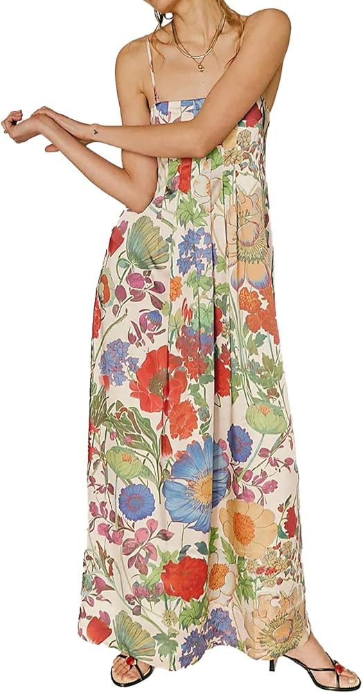 Women Boho Floral Maxi Dress Backless Spaghetti Strap A-Line Flowy Summer Vacation Long Dress | Amazon (US)
