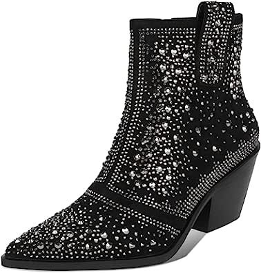 ISNOM Women's Rhinestone Cowboy Boots Pointed Toe Block Heel Sparkly Ankle Boots Faux Suede Weste... | Amazon (US)