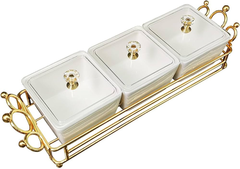 YA JU Ceramic small Snack bowl With Cover Metal Tray, 3 Removable dip bowls are used For Snack, p... | Amazon (US)