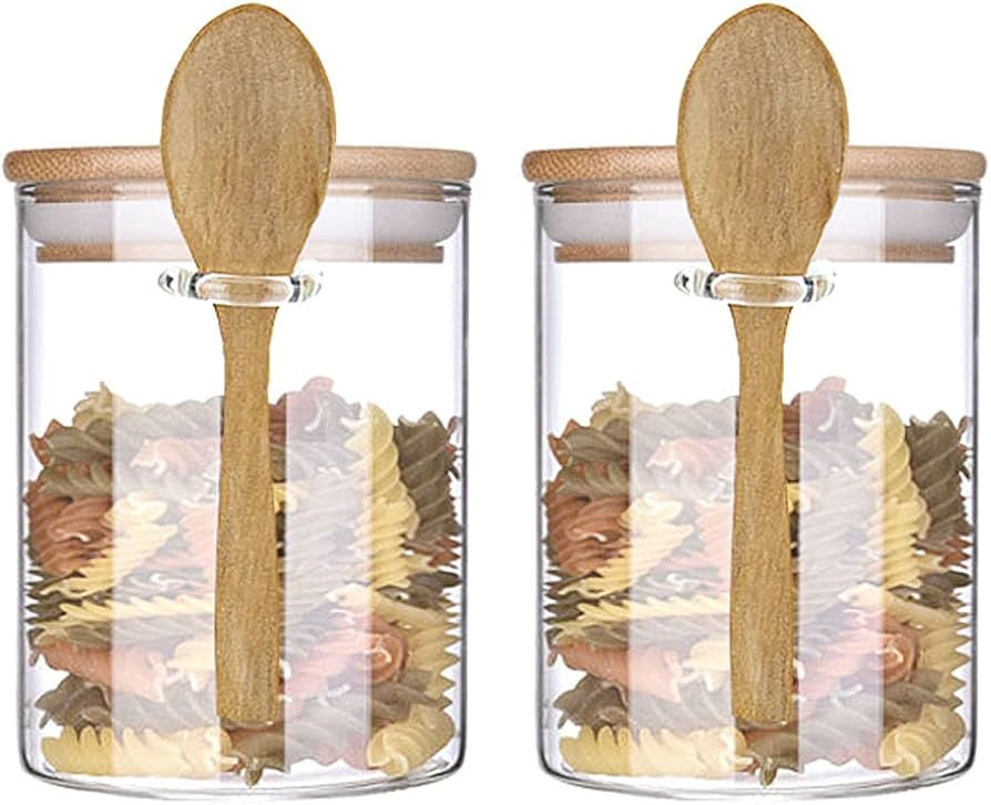 Glass Jar Containers with Bamboo Airtight Lid Wooden Spoon Scoop Food Storage Canister Clear Glas... | Amazon (US)