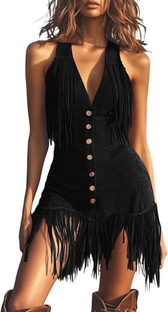 Cowgirl Dress for Women Tassel Halter V Neck Front Button Sundress Western Sleeveless Country Con... | Amazon (US)